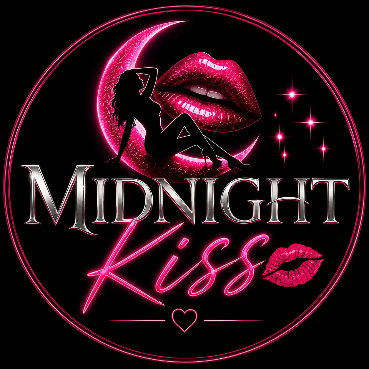 Midnight Kiss—neon crescent moon, lips, and reclining silhouette
